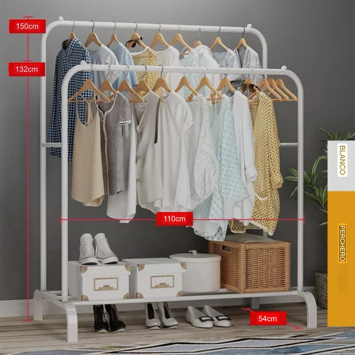 PERCHERO DOBLE ORGANIZADOR DE ROPA RESISTENTE HASTA 35 KILOS BLANCO - 3