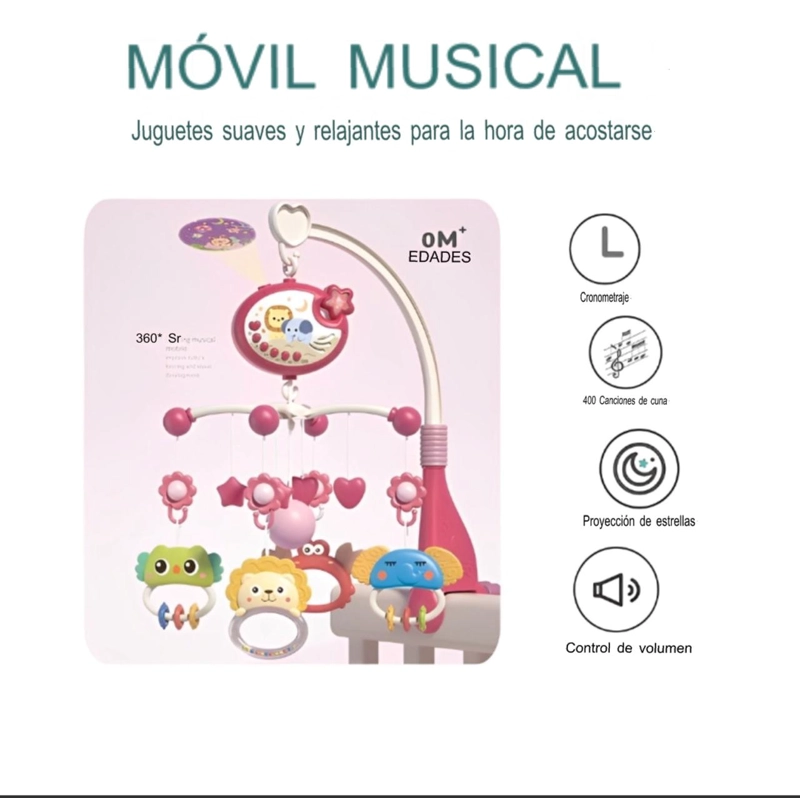 MÓVIL CUNA 360 CON PROYECTOR BEBÉS GIRATORIO ROSADO - 5