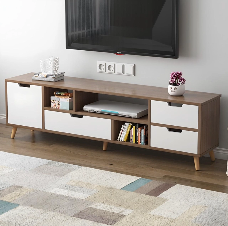 MUEBLE DE TV MODERNO 140X30X38 CM RACK DE MADERA CON CAJONES - 1