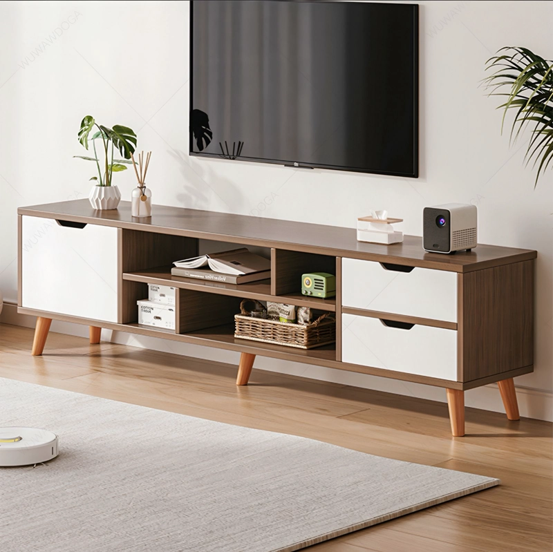 MUEBLE DE TV ESCANDINAVO 140X30X38 CM RACK DE MADERA CON CAJONES Y ESTANTES - 1