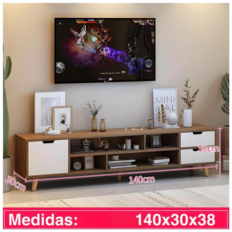 MUEBLE DE TV ESCANDINAVO 140X30X38 CM RACK DE MADERA CON CAJONES Y ESTANTES - 2