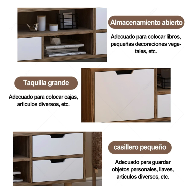 MUEBLE DE TV ESCANDINAVO 140X30X38 CM RACK DE MADERA CON CAJONES Y ESTANTES - 4