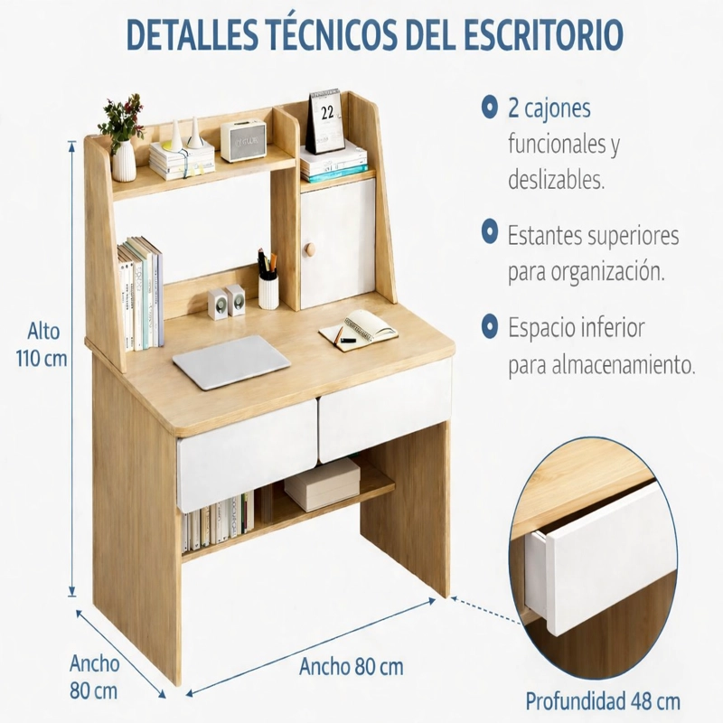 ESCRITORIO MODERNO CON ESTANTERIA Y CAJONES 110X80X48 - 6