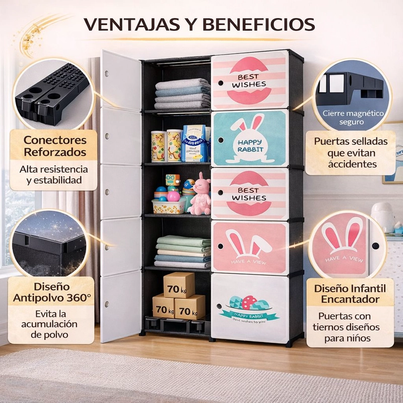CLOSET INFANTIL DE TELA PORTATIL  ARMARIO MODULAR PARA NIÑOS CON ESTANTES MULTICAPA - 8