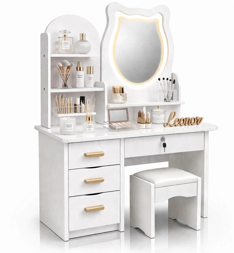 TOCADOR INFANTIL NIÑA ESPEJO LUZ LED GATO CAJONES TABURETE 120X80X34CM BLANCO - 1