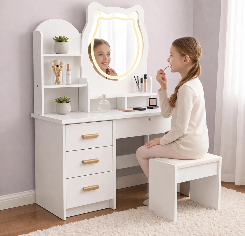 TOCADOR INFANTIL NIÑA ESPEJO LUZ LED GATO CAJONES TABURETE 120X80X34CM BLANCO - 2