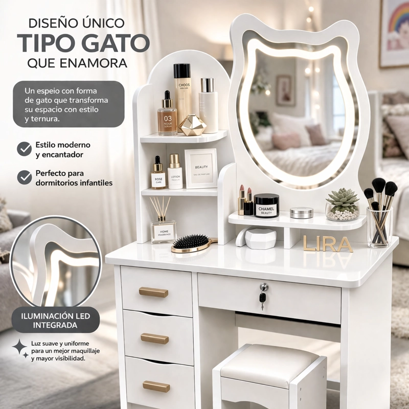 TOCADOR INFANTIL NIÑA ESPEJO LUZ LED GATO CAJONES TABURETE 120X80X34CM BLANCO - 4