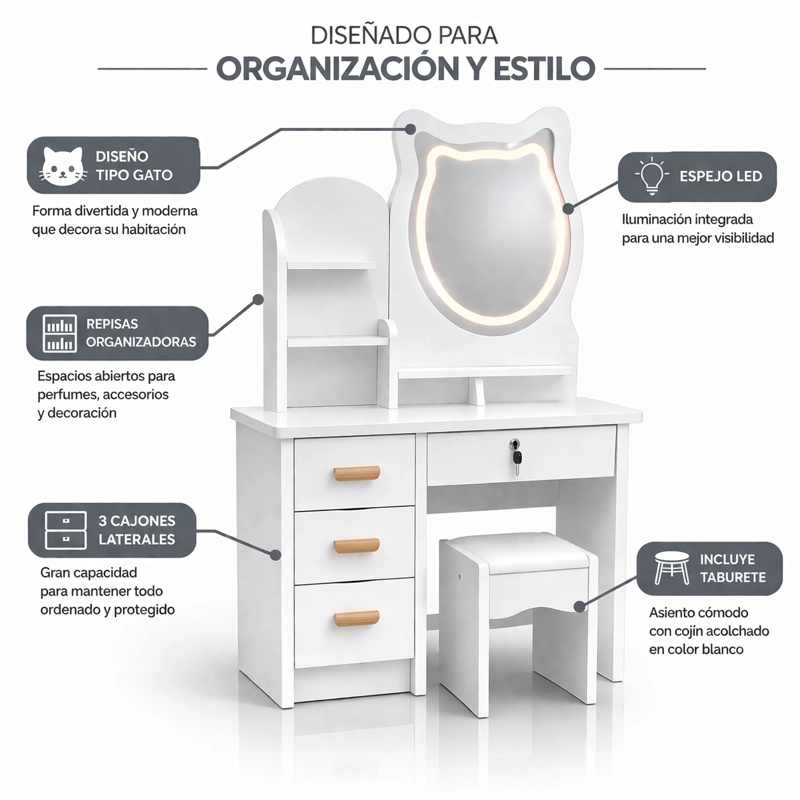 TOCADOR INFANTIL NIÑA ESPEJO LUZ LED GATO CAJONES TABURETE 120X80X34CM BLANCO - 5