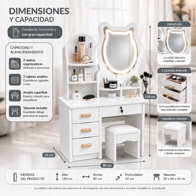 TOCADOR INFANTIL NIÑA ESPEJO LUZ LED GATO CAJONES TABURETE 120X80X34CM BLANCO - 6