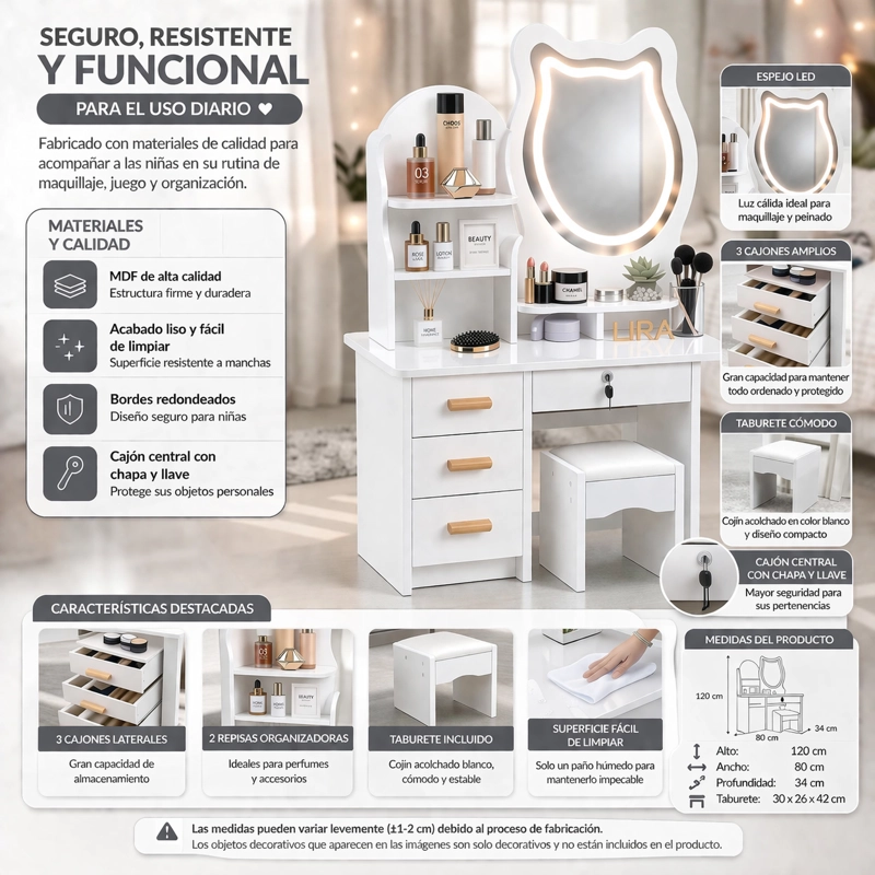 TOCADOR INFANTIL NIÑA ESPEJO LUZ LED GATO CAJONES TABURETE 120X80X34CM BLANCO - 7