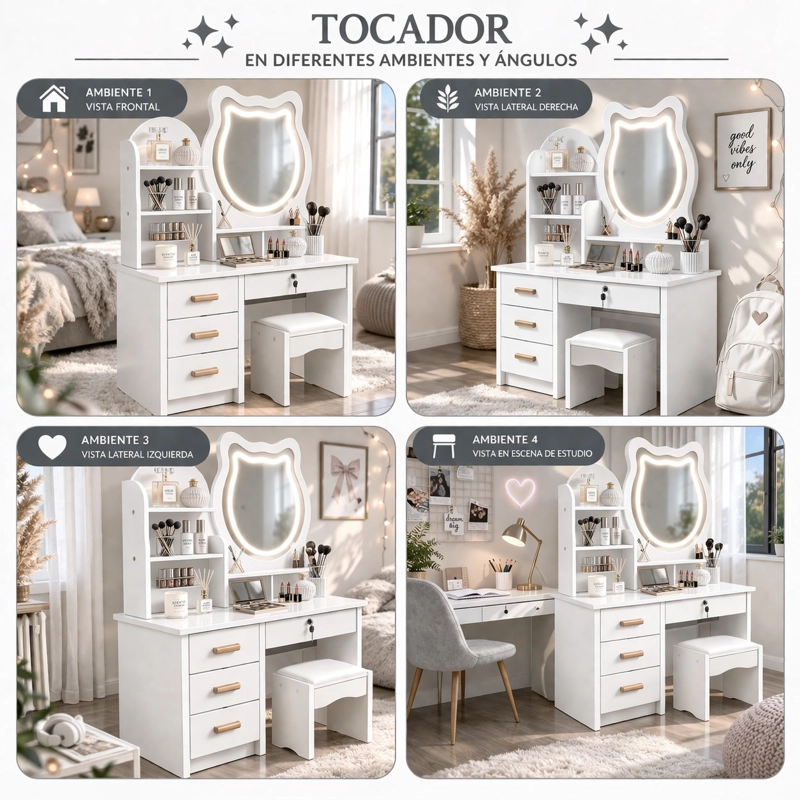 TOCADOR INFANTIL NIÑA ESPEJO LUZ LED GATO CAJONES TABURETE 120X80X34CM BLANCO - 8