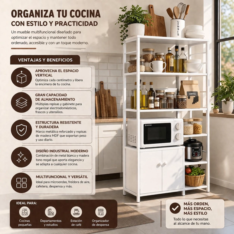 MUEBLE ORGANIZADOR DE COCINA ESTANTES Y GABINETE 4 NIVELES ESTANTERIA COCINA MULTIFUNCIONAL 80X30X12 - 2