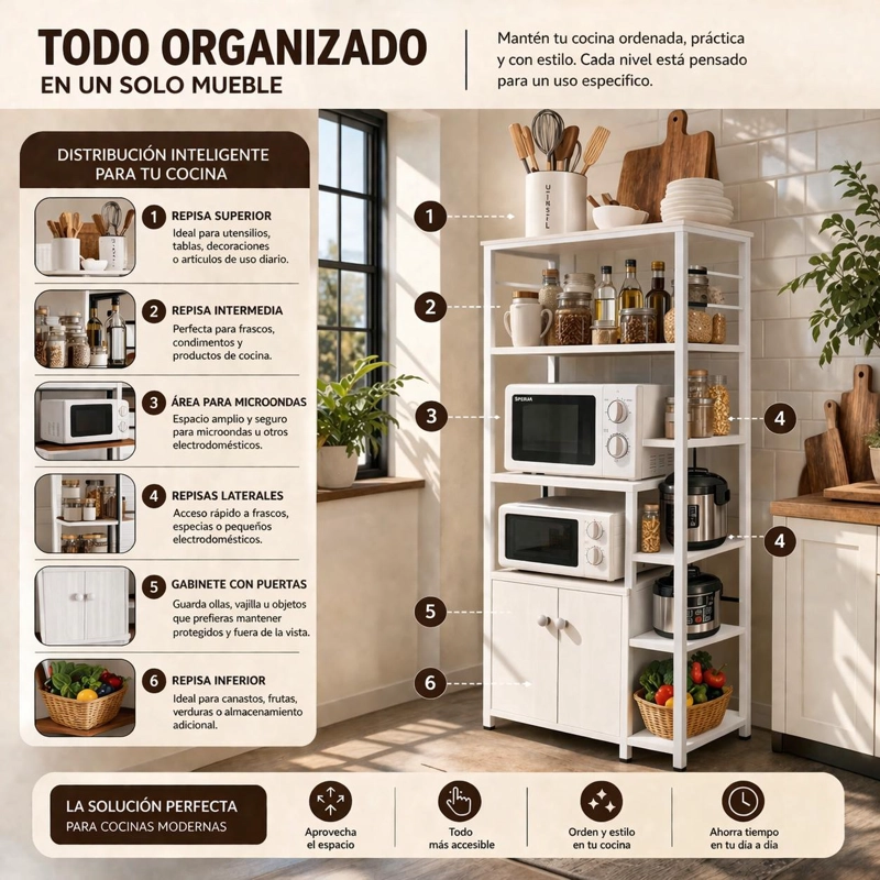MUEBLE ORGANIZADOR DE COCINA ESTANTES Y GABINETE 4 NIVELES ESTANTERIA COCINA MULTIFUNCIONAL 80X30X12 - 3