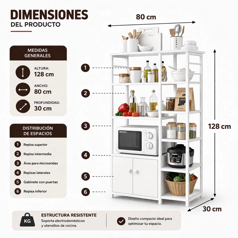 MUEBLE ORGANIZADOR DE COCINA ESTANTES Y GABINETE 4 NIVELES ESTANTERIA COCINA MULTIFUNCIONAL 80X30X12 - 4