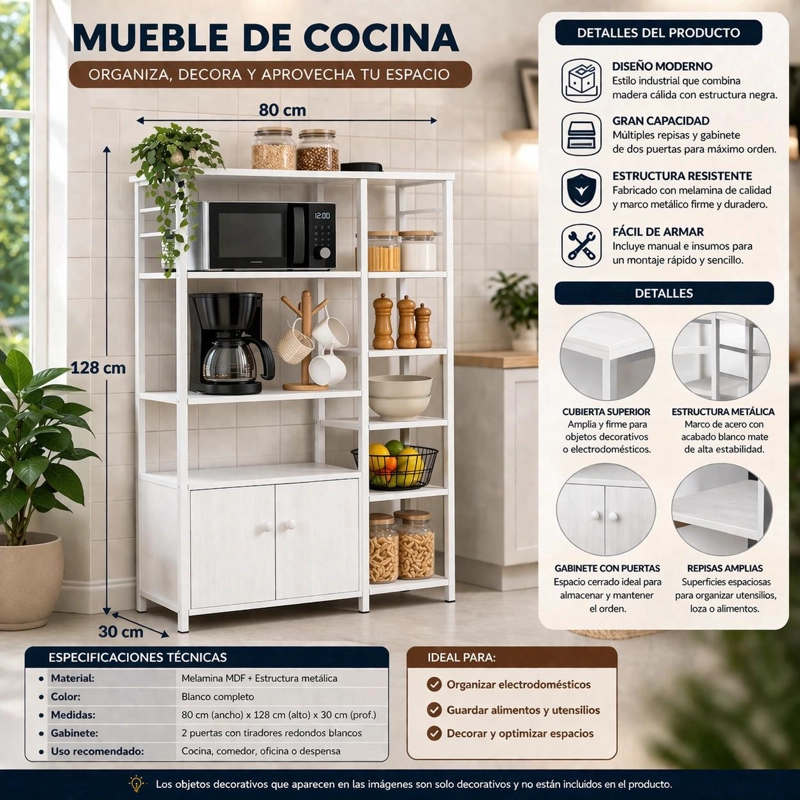 MUEBLE ORGANIZADOR DE COCINA ESTANTES Y GABINETE 4 NIVELES ESTANTERIA COCINA MULTIFUNCIONAL 80X30X12 - 7