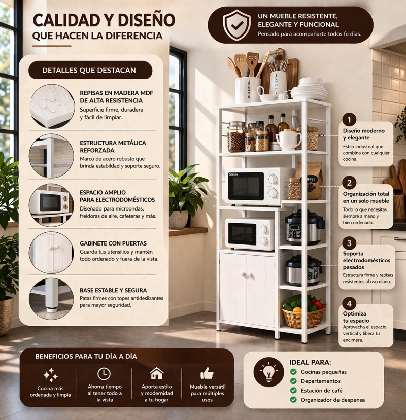 MUEBLE ORGANIZADOR DE COCINA Y MICROONDAS ESTANTE DE COCINA MULTIFUNCIONAL 80X30X128 CM - 8
