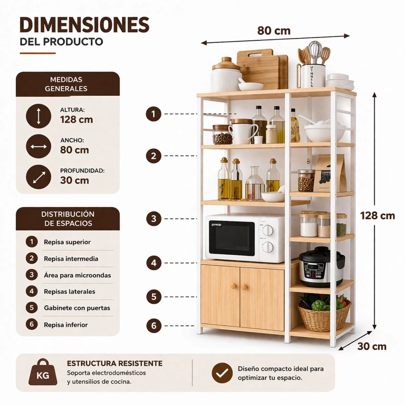 MUEBLE ORGANIZADOR DE COCINA Y MICROONDAS ESTANTE DE COCINA MULTIFUNCIONAL 80X30X128 CM - 2