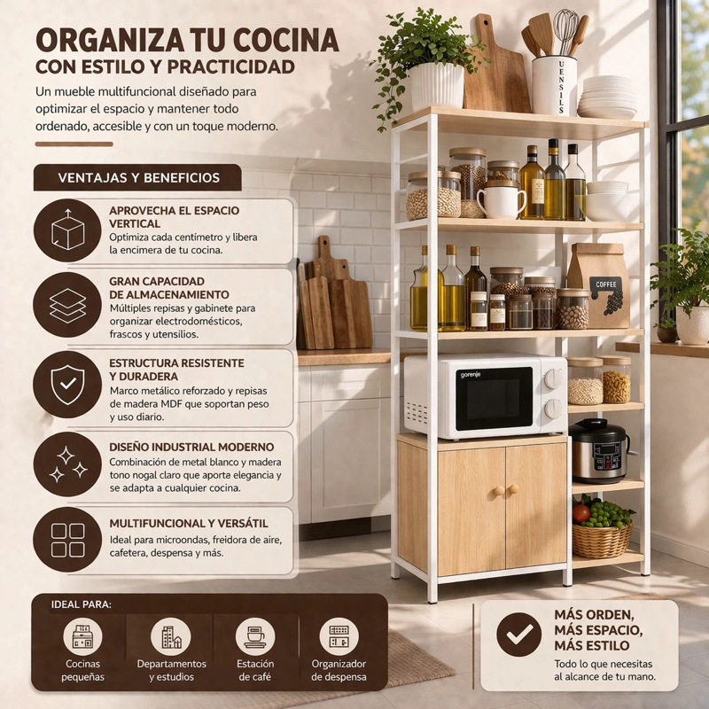 MUEBLE ORGANIZADOR DE COCINA Y MICROONDAS ESTANTE DE COCINA MULTIFUNCIONAL 80X30X128 CM - 3
