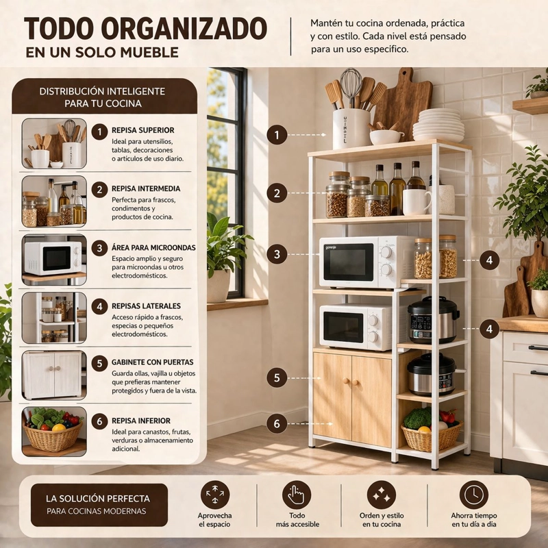 MUEBLE ORGANIZADOR DE COCINA Y MICROONDAS ESTANTE DE COCINA MULTIFUNCIONAL 80X30X128 CM - 4