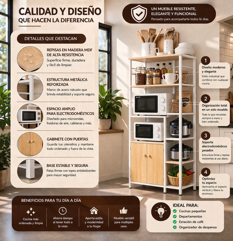 MUEBLE ORGANIZADOR DE COCINA Y MICROONDAS ESTANTE DE COCINA MULTIFUNCIONAL 80X30X128 CM - 6
