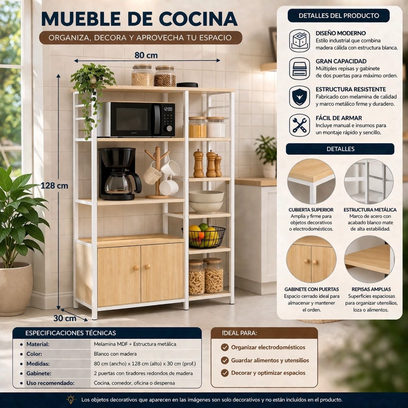MUEBLE ORGANIZADOR DE COCINA Y MICROONDAS ESTANTE DE COCINA MULTIFUNCIONAL 80X30X128 CM - 7
