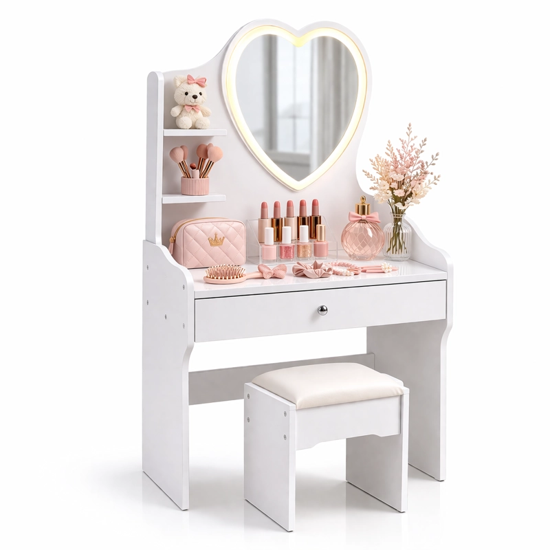 TOCADOR INFANTIL  BLANCO CON ESPEJO LED Y TABURETE 60X33X122 CM CAJONES CON LLAVE - 1