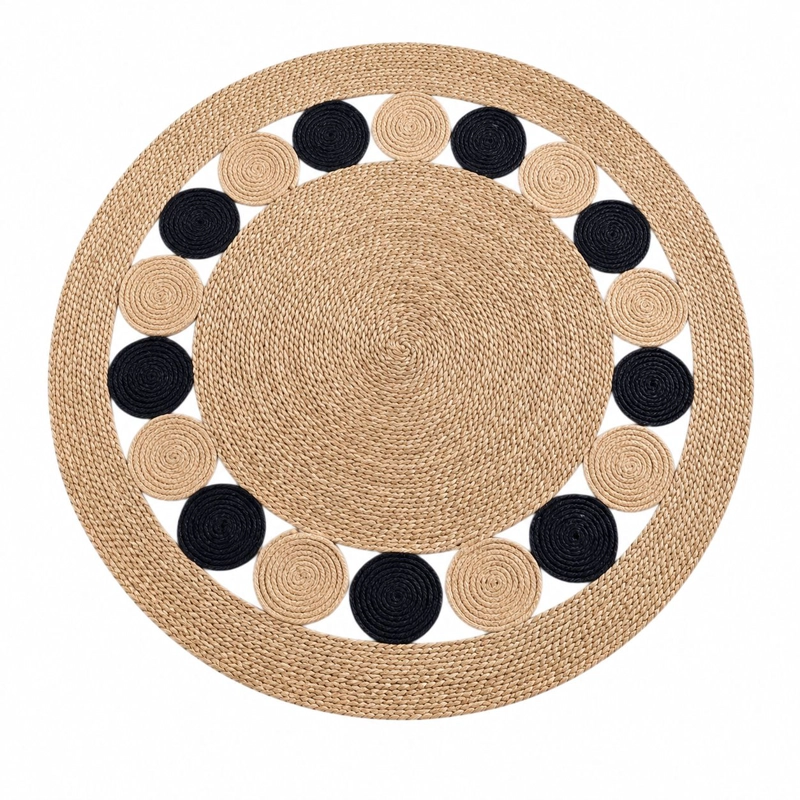 ALFOMBRA REDONDA DE YUTE 120 CM BEIGE Y NEGRA ESTILO BOHO PARA LIVING Y DORMITORIO - 1