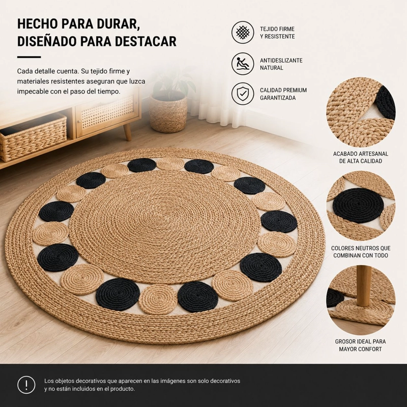 ALFOMBRA REDONDA DE YUTE 120 CM BEIGE Y NEGRA ESTILO BOHO PARA LIVING Y DORMITORIO - 4