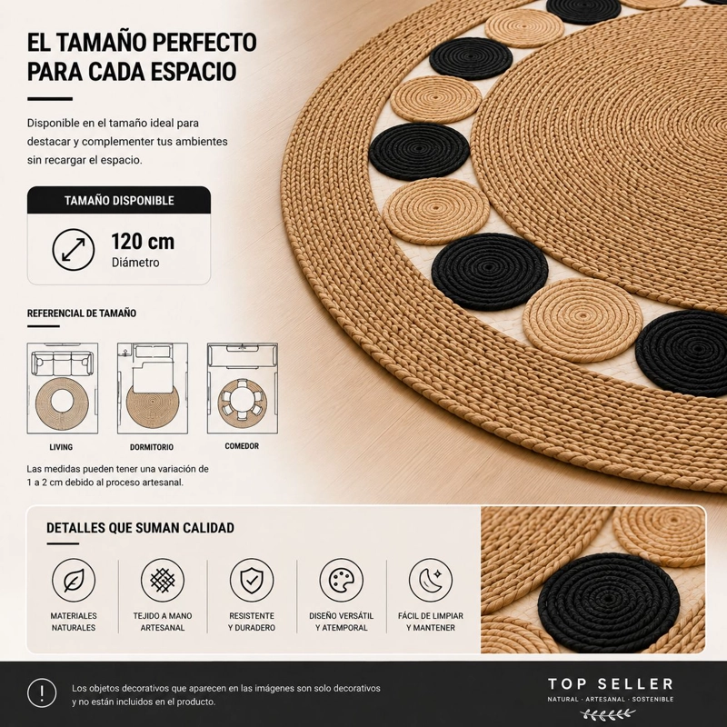 ALFOMBRA REDONDA DE YUTE 120 CM BEIGE Y NEGRA ESTILO BOHO PARA LIVING Y DORMITORIO - 7