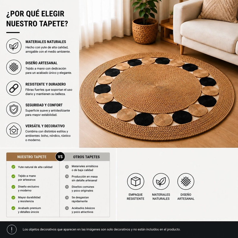 ALFOMBRA REDONDA DE YUTE 120 CM BEIGE Y NEGRA ESTILO BOHO PARA LIVING Y DORMITORIO - 8