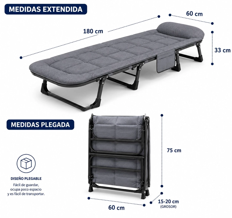 CAMA PORTATIL PLEGABLE RECLINABLE 6 POSICIONES COLCHON ACOLCHADO ESTRUCTURA REFORZADA RESISTENTE - 3
