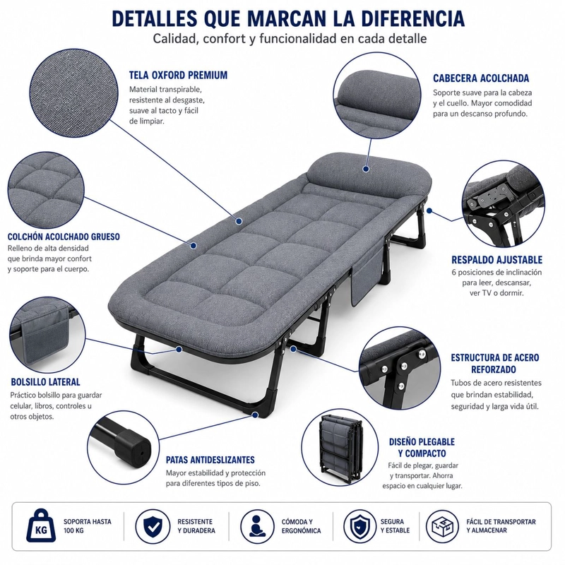 CAMA PORTATIL PLEGABLE RECLINABLE 6 POSICIONES COLCHON ACOLCHADO ESTRUCTURA REFORZADA RESISTENTE - 4