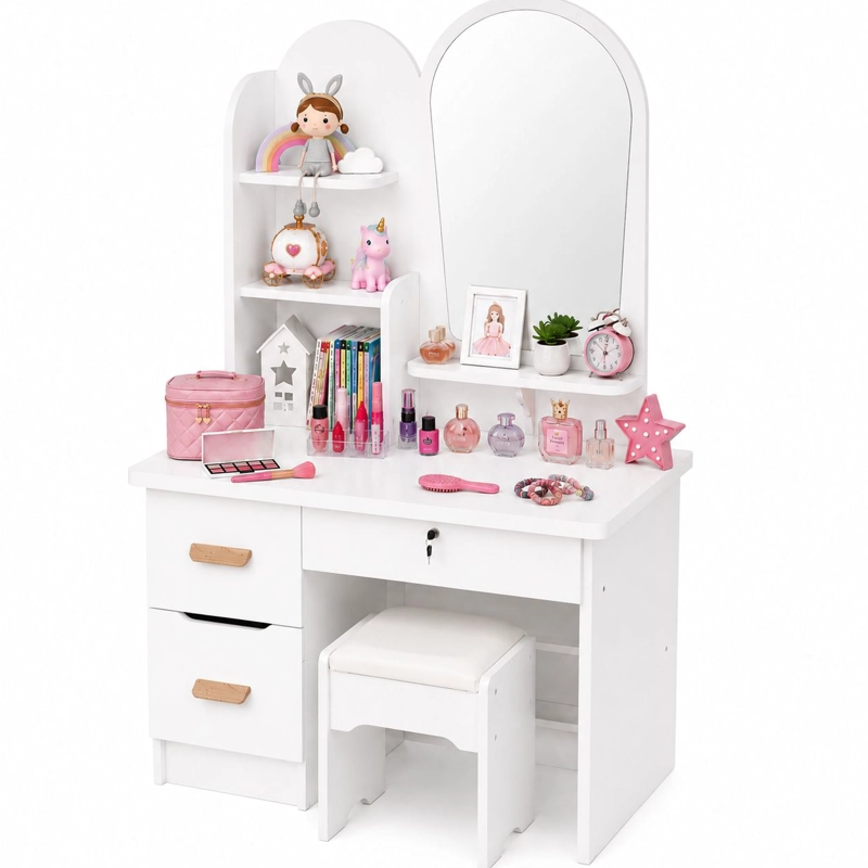 TOCADOR INFANTIL CON ESPEJO Y TABURETE PARA NIÑAS MODERNO CON CAJONES Y ORGANIZADOR VANITY INFANTIL - 1
