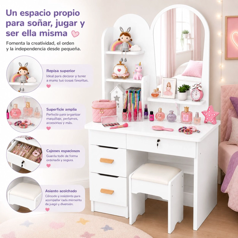 TOCADOR INFANTIL CON ESPEJO Y TABURETE PARA NIÑAS MODERNO CON CAJONES Y ORGANIZADOR VANITY INFANTIL - 2