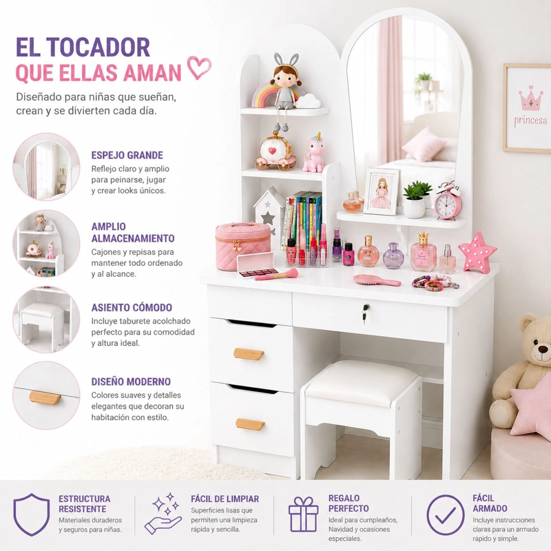 TOCADOR INFANTIL CON ESPEJO Y TABURETE PARA NIÑAS MODERNO CON CAJONES Y ORGANIZADOR VANITY INFANTIL - 3