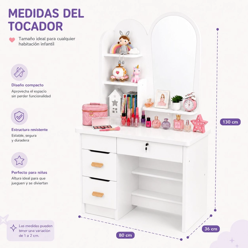 TOCADOR INFANTIL CON ESPEJO Y TABURETE PARA NIÑAS MODERNO CON CAJONES Y ORGANIZADOR VANITY INFANTIL - 4