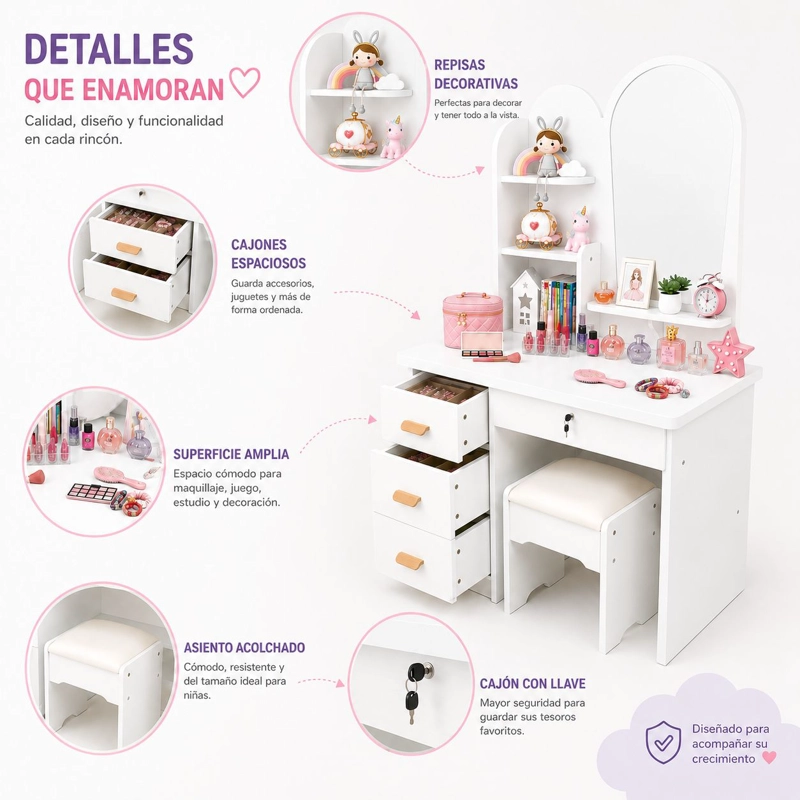 TOCADOR INFANTIL CON ESPEJO Y TABURETE PARA NIÑAS MODERNO CON CAJONES Y ORGANIZADOR VANITY INFANTIL - 5