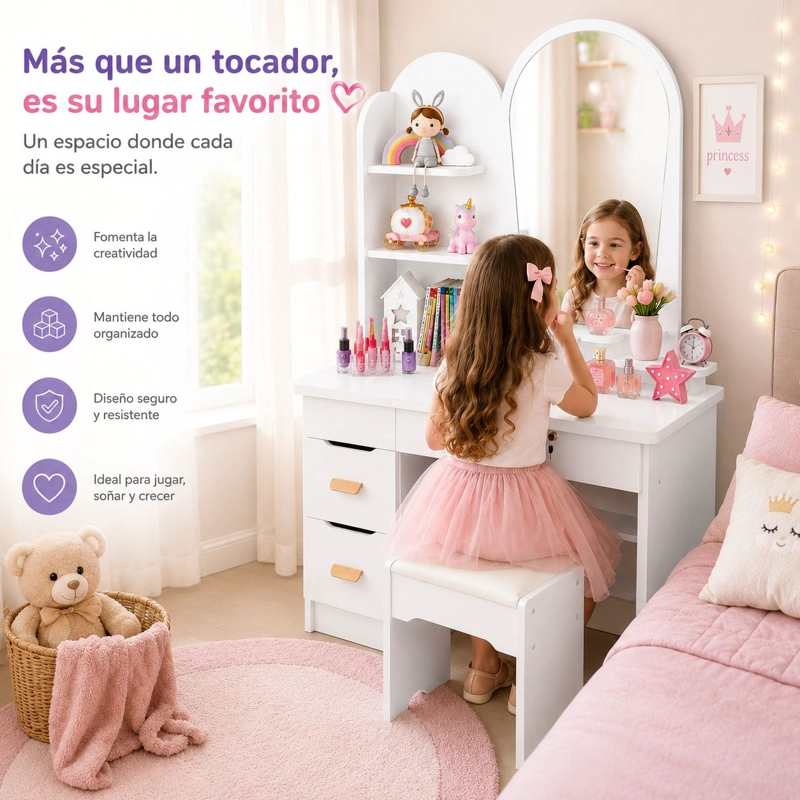 TOCADOR INFANTIL CON ESPEJO Y TABURETE PARA NIÑAS MODERNO CON CAJONES Y ORGANIZADOR VANITY INFANTIL - 6