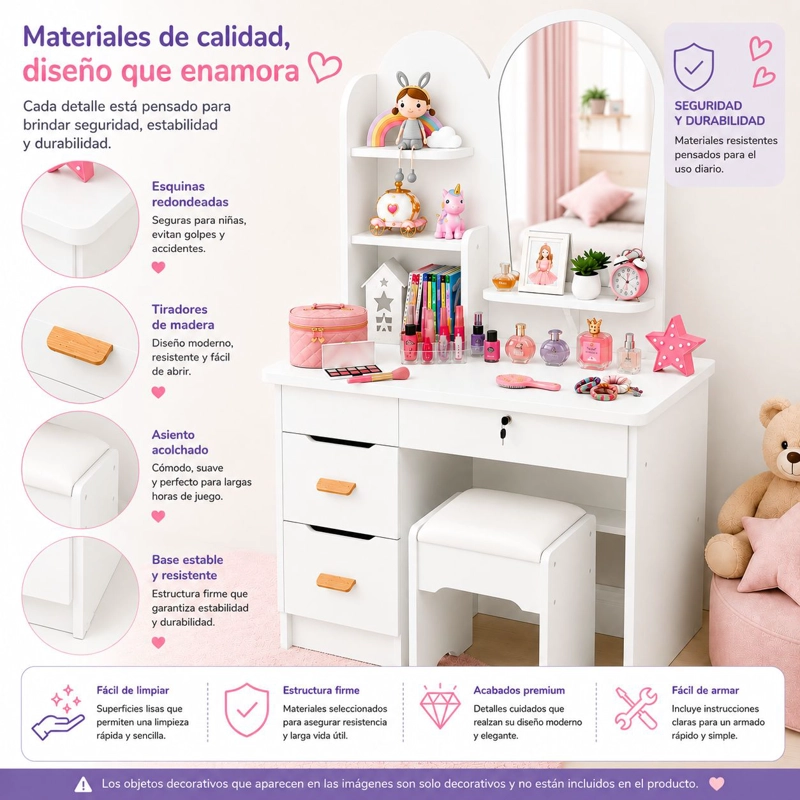 TOCADOR INFANTIL CON ESPEJO Y TABURETE PARA NIÑAS MODERNO CON CAJONES Y ORGANIZADOR VANITY INFANTIL - 7