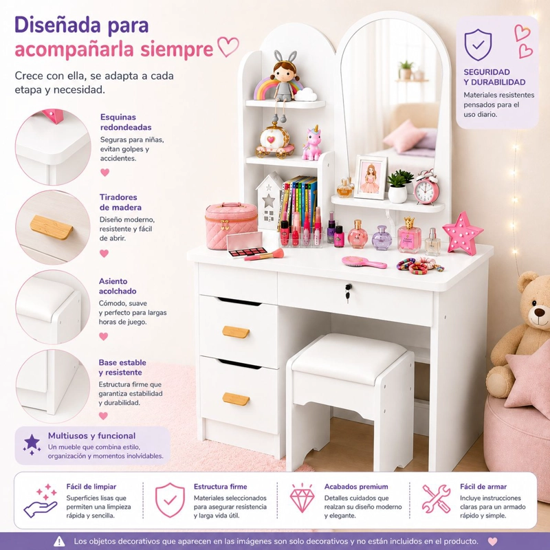 TOCADOR INFANTIL CON ESPEJO Y TABURETE PARA NIÑAS MODERNO CON CAJONES Y ORGANIZADOR VANITY INFANTIL - 8