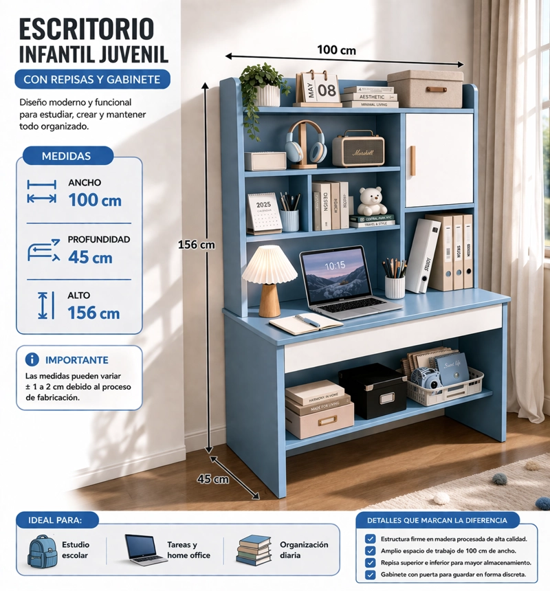 ESCRITORIO INFANTIL JUVENIL CON REPISAS Y GABINETE 100X45X156 CM ORGANIZADOR ESTUDIO DORMITORIO - 3
