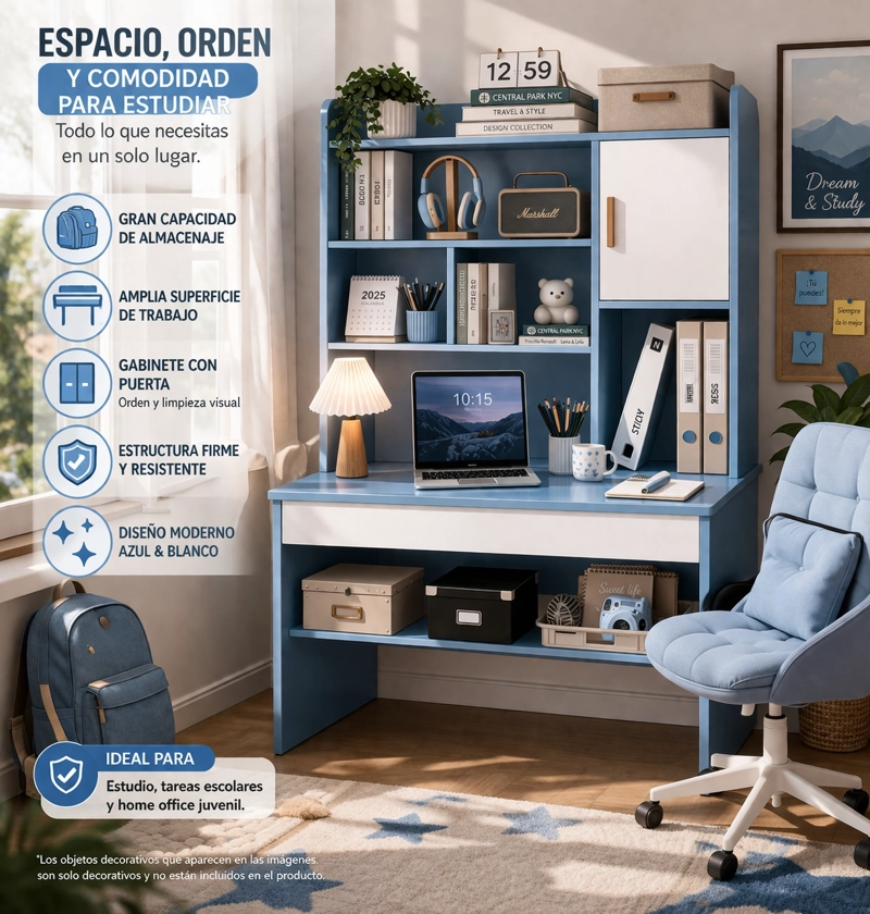 ESCRITORIO INFANTIL JUVENIL CON REPISAS Y GABINETE 100X45X156 CM ORGANIZADOR ESTUDIO DORMITORIO - 4