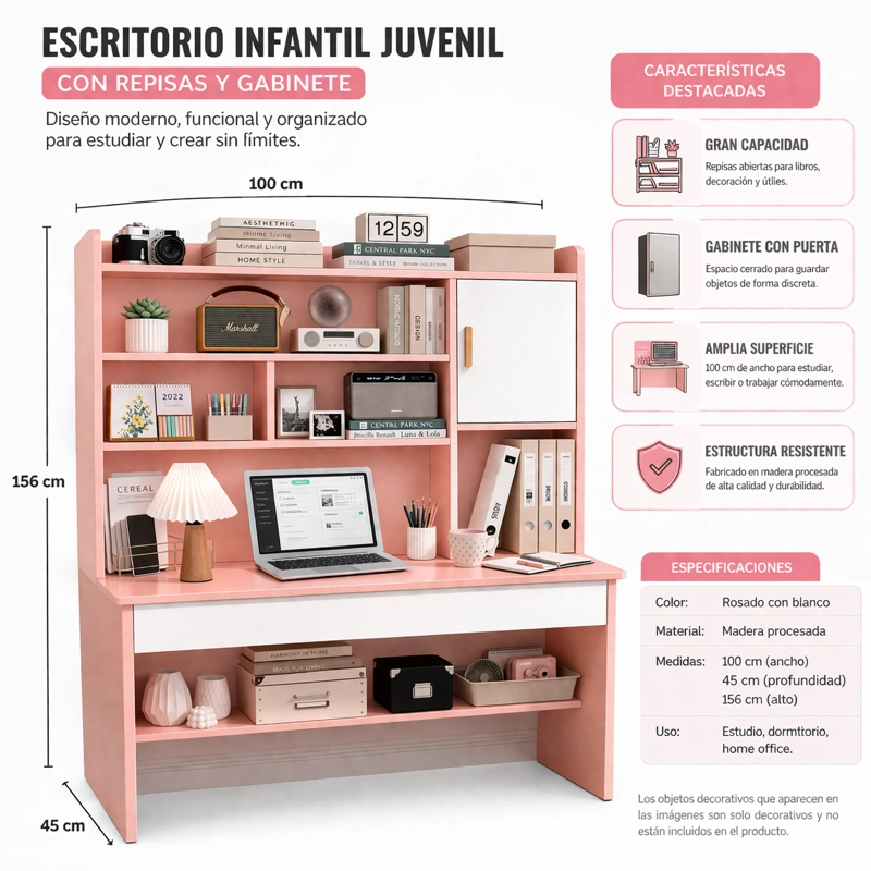 ESCRITORIO INFANTIL JUVENIL CON REPISAS Y GABINETE 100X45X156 CM ORGANIZADOR ESTUDIO DORMITORIO - 3