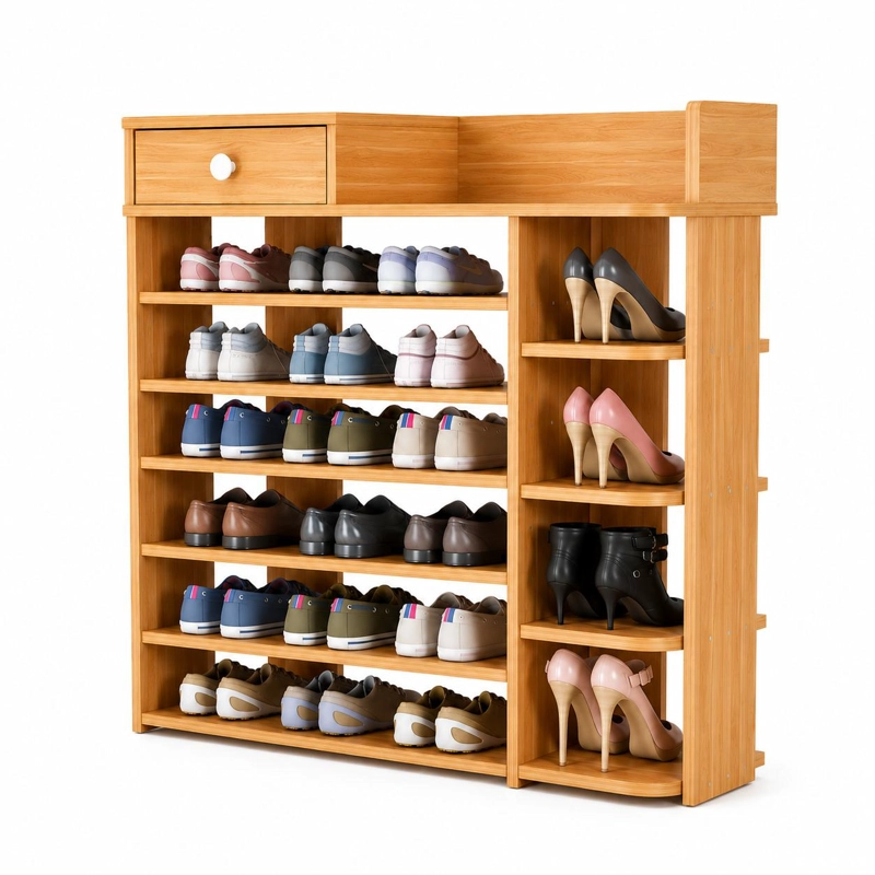 ZAPATERO ORGANIZADOR DE MADERA 8 NIVELES CON CAJON Y REPISAS LATERALES GRAN CAPACIDAD 100X24X106 - 1