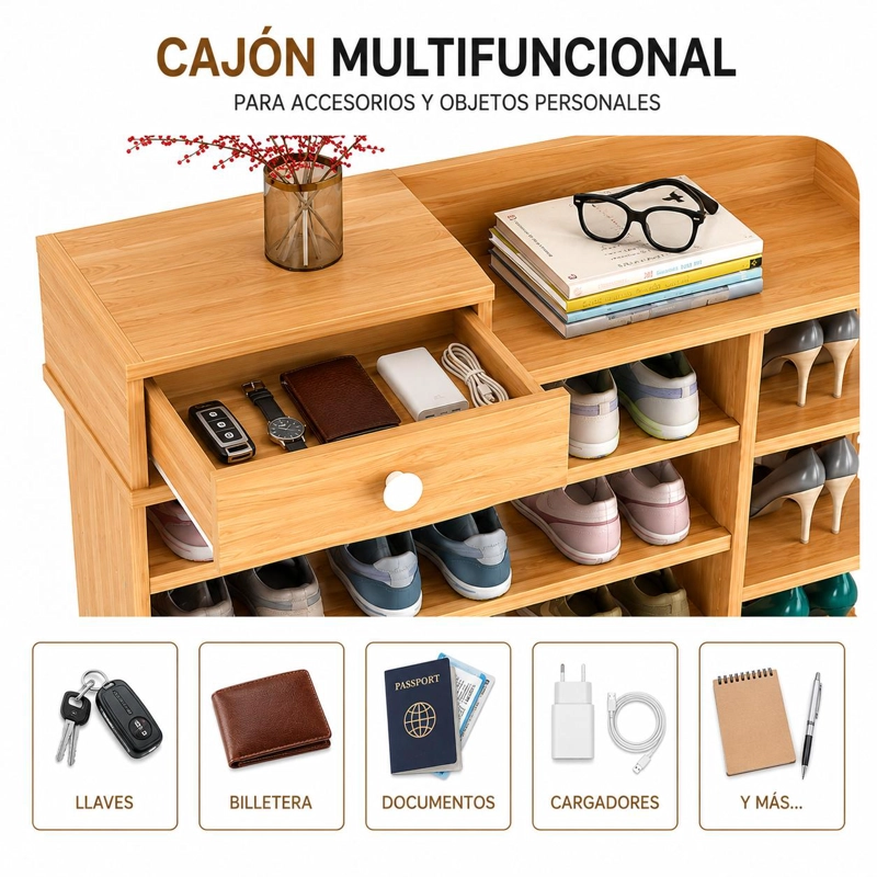 ZAPATERO ORGANIZADOR DE MADERA 8 NIVELES CON CAJON Y REPISAS LATERALES GRAN CAPACIDAD 100X24X106 - 2