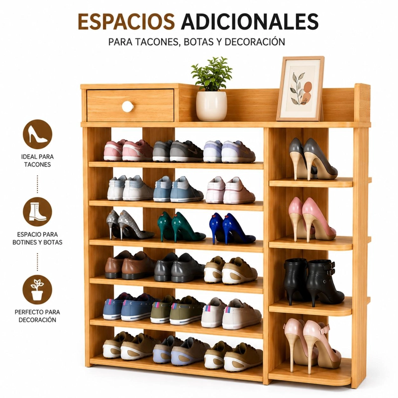 ZAPATERO ORGANIZADOR DE MADERA 8 NIVELES CON CAJON Y REPISAS LATERALES GRAN CAPACIDAD 100X24X106 - 3
