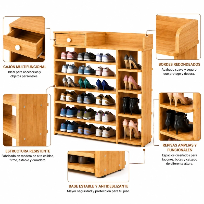 ZAPATERO ORGANIZADOR DE MADERA 8 NIVELES CON CAJON Y REPISAS LATERALES GRAN CAPACIDAD 100X24X106 - 4