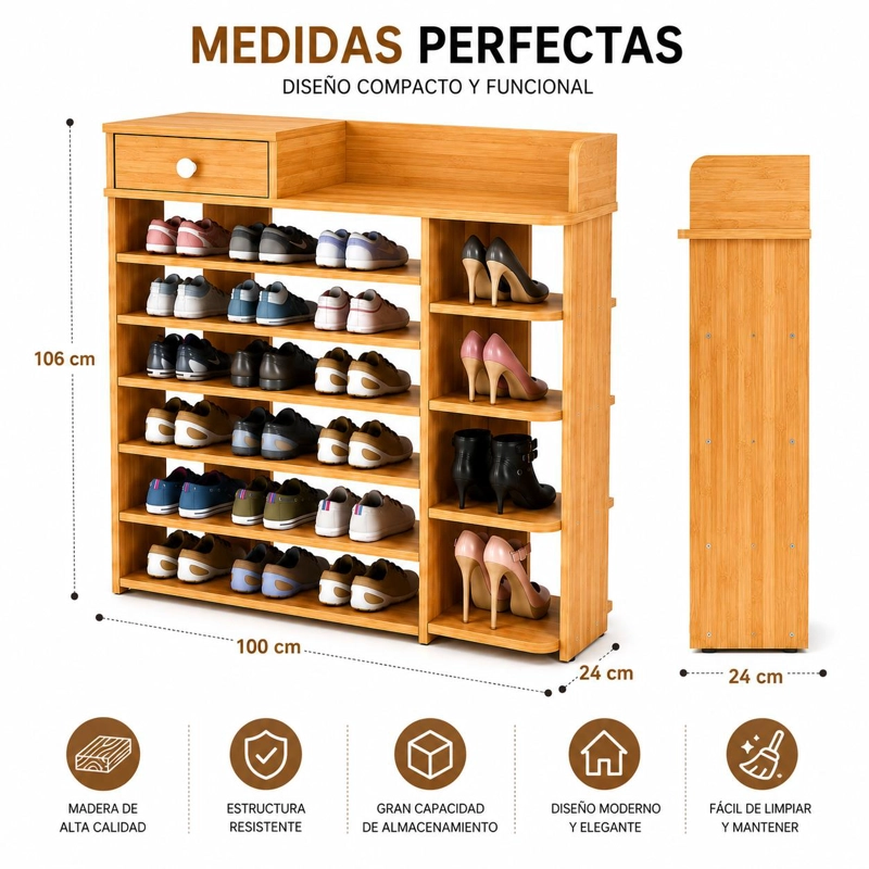 ZAPATERO ORGANIZADOR DE MADERA 8 NIVELES CON CAJON Y REPISAS LATERALES GRAN CAPACIDAD 100X24X106 - 5