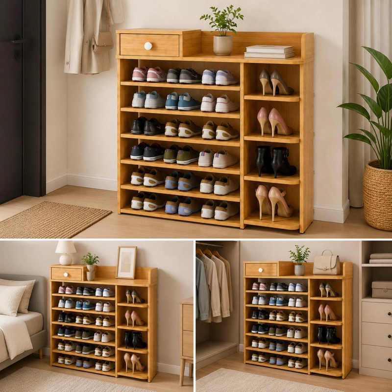 ZAPATERO ORGANIZADOR DE MADERA 8 NIVELES CON CAJON Y REPISAS LATERALES GRAN CAPACIDAD 100X24X106 - 6