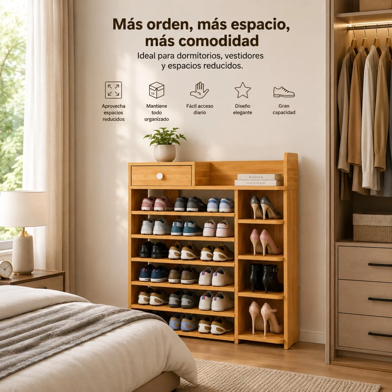ZAPATERO ORGANIZADOR DE MADERA 8 NIVELES CON CAJON Y REPISAS LATERALES GRAN CAPACIDAD 100X24X106 - 7